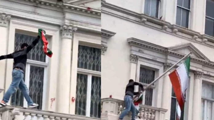 Protester replaces Iranian regime flag, climbs embassy balcony in London | Watch
