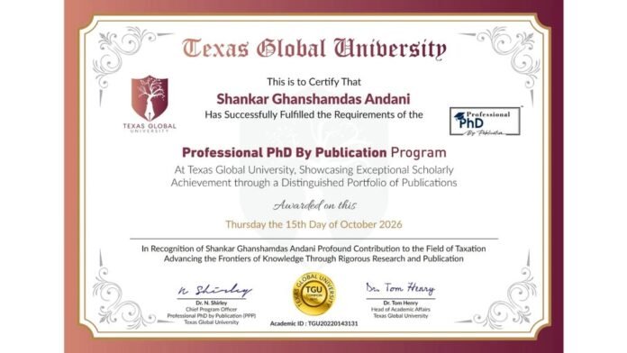 Dr. Shankar Andani Completes Professional PhD by Publication in Taxation